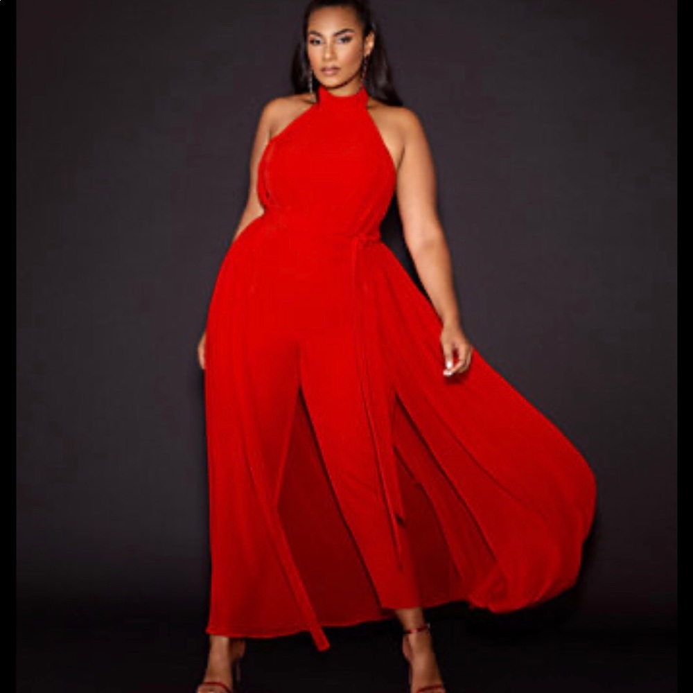Red halter jumpsuit